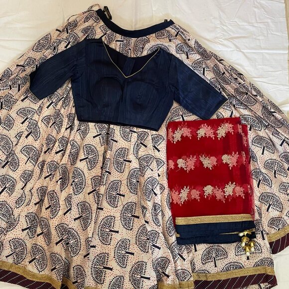 Printed Blue and Red Lehenga Set - Picture 1 of 1